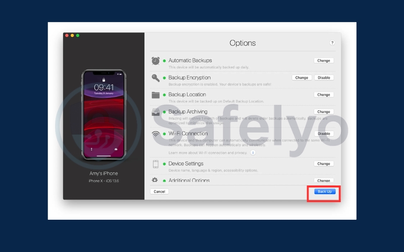 Review backup options carefully before confirming backup