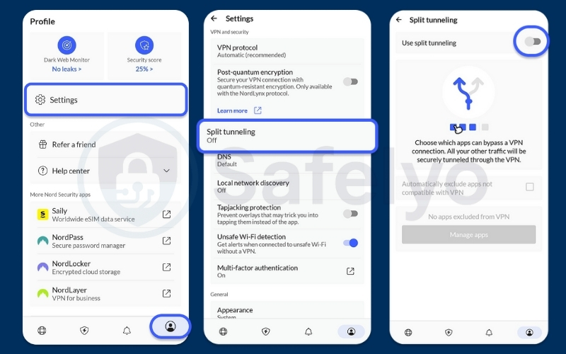 Use split tunneling on NordVPN