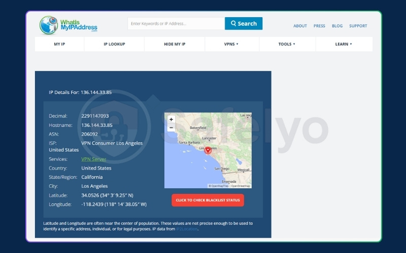 Verify the owner information of that IP address on results page