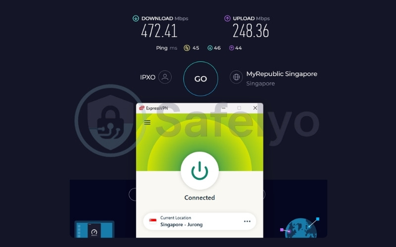 ExpressVPN speed test results on a Singapore server