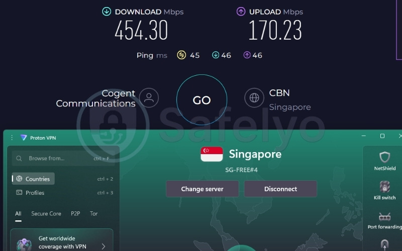 ProtonVPN speed test results on Singapore free server