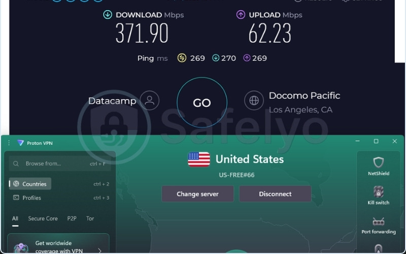 ProtonVPN speed test results on US free server