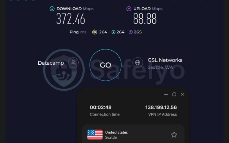Surfshark speed test results on a US server