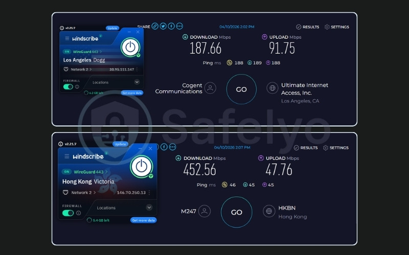Windscribe speed test results on Hong Kong and US free server