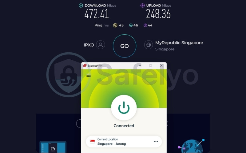 ExpressVPN speed test results on a Singapore server