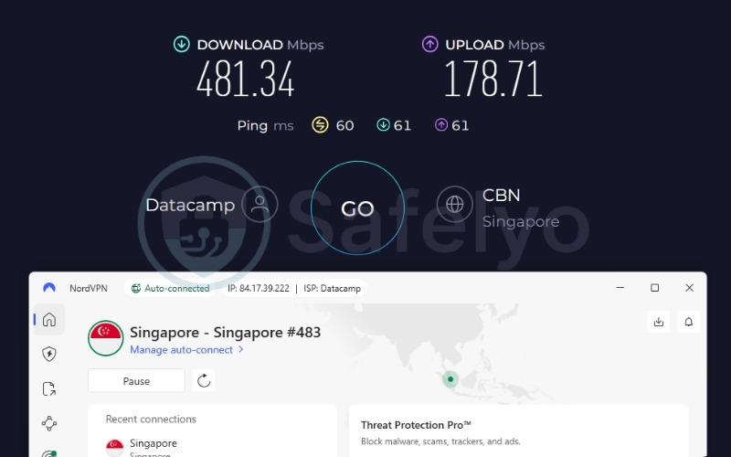 NordVPN speed test results on a Singapore server