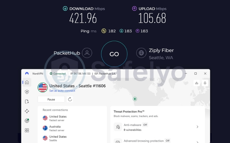 NordVPN speed test results on a US server