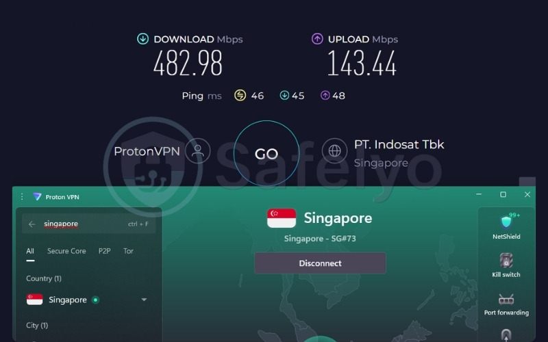 ProtonVPN speed test results on a Singapore server