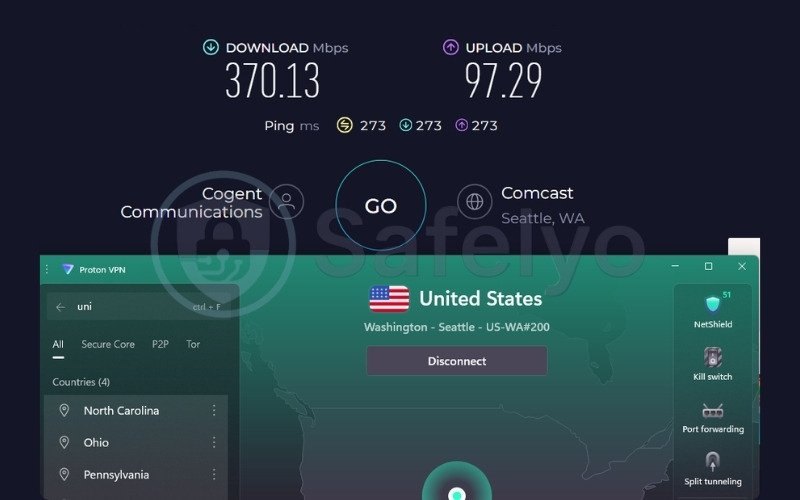 ProtonVPN speed test results on a US server