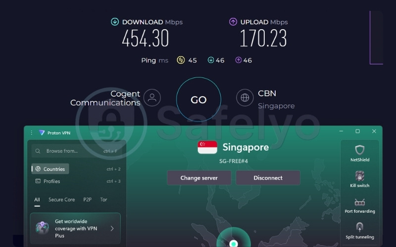 ProtonVPN speed test results on Singapore free server