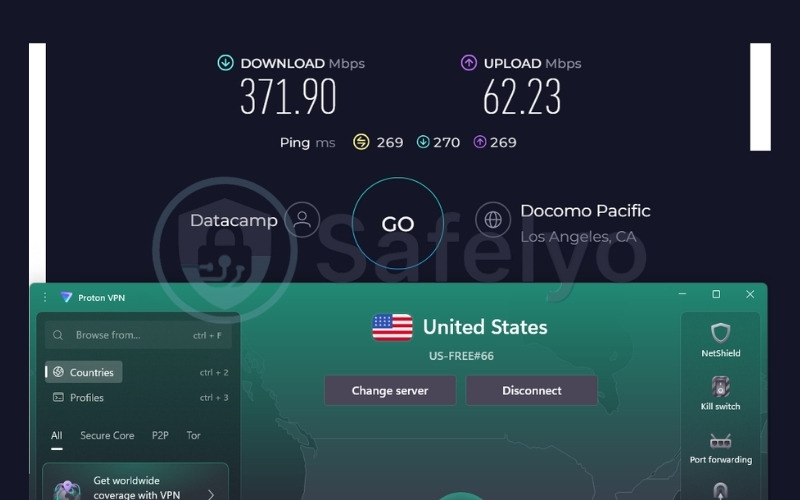 ProtonVPN speed test results on US free server