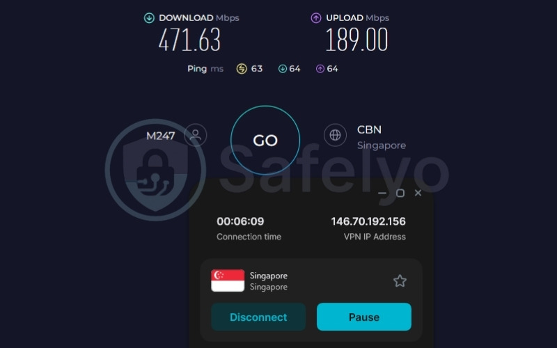 Surfshark speed test results on a Singapore server