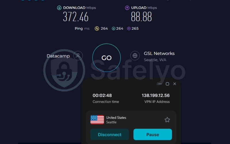 Surfshark speed test results on a US server