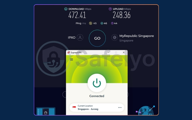 ExpressVPN speed test results on a Singapore server