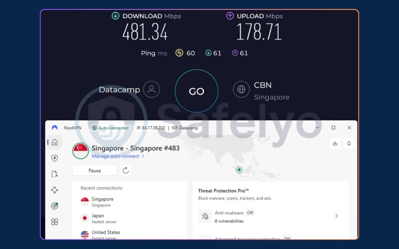 NordVPN speed test results on a Singapore server