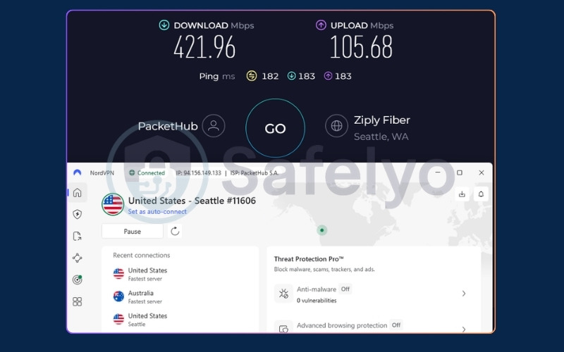 NordVPN speed test results on a US server