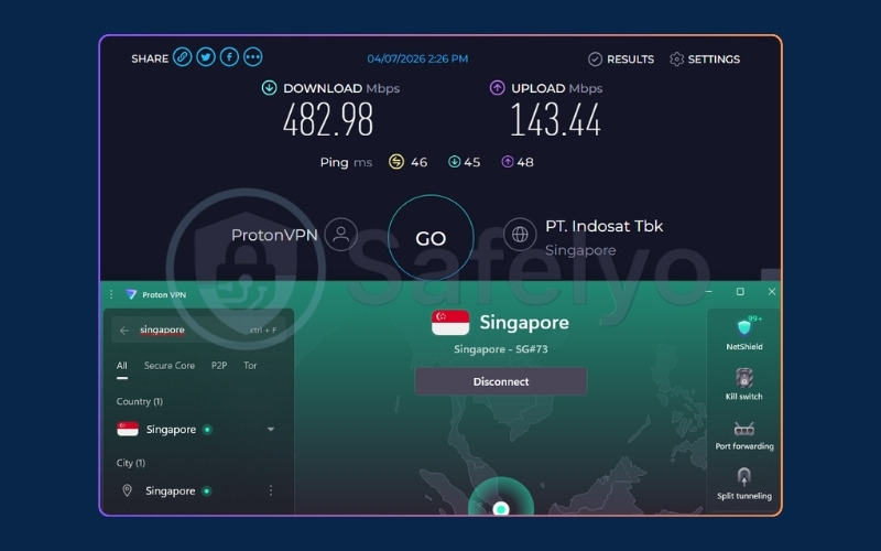ProtonVPN speed test results on a Singapore server
