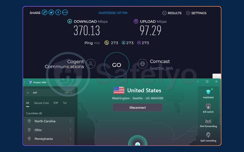 ProtonVPN speed test results on a US server