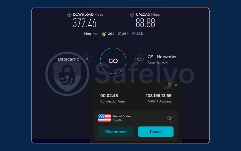 Surfshark speed test results on a Singapore server