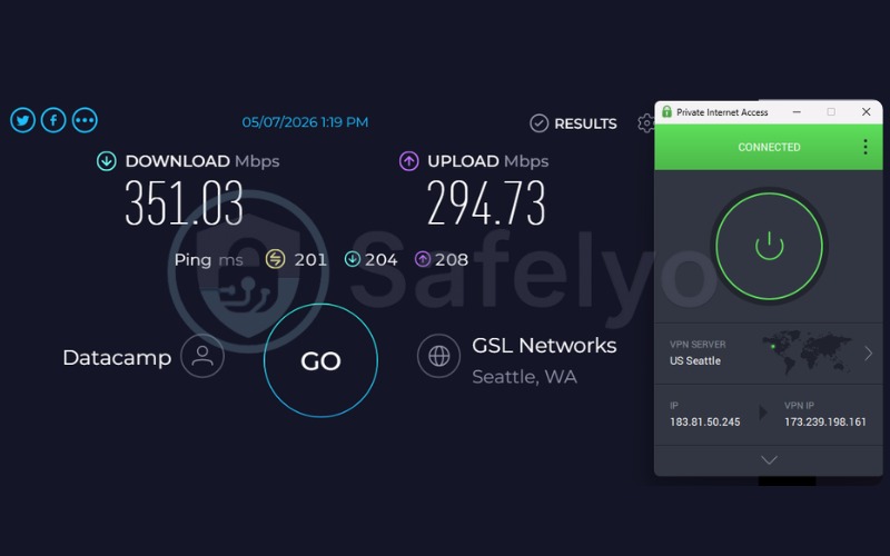 PIA speed test results on a US server