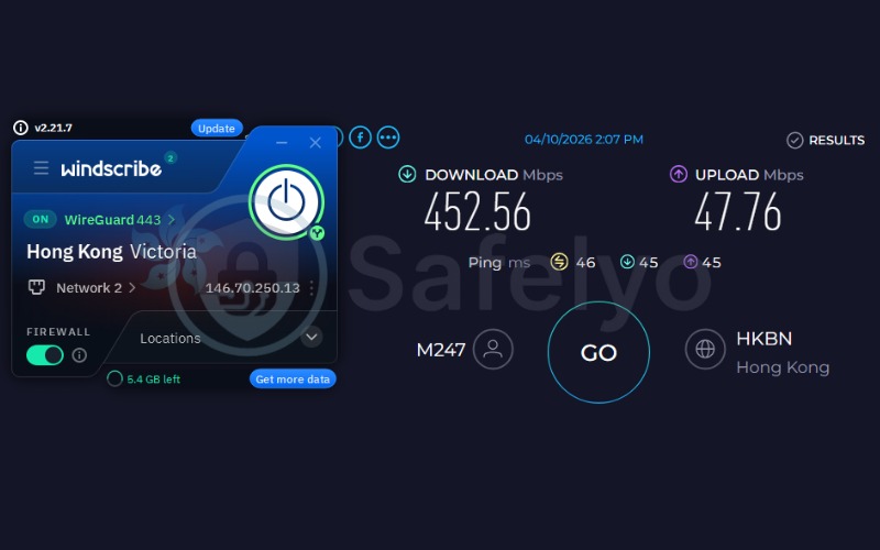 Windscribe speed test results on Hong Kong server