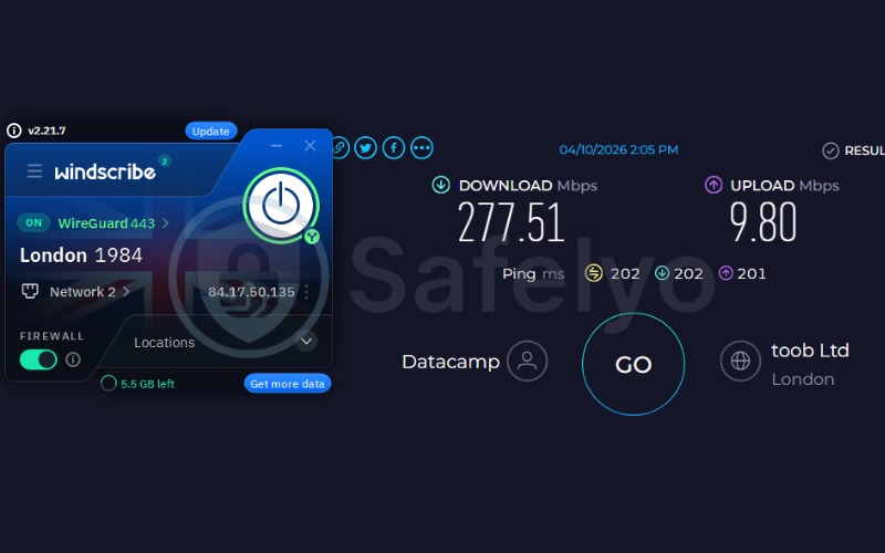 Windscribe speed test results on UK server