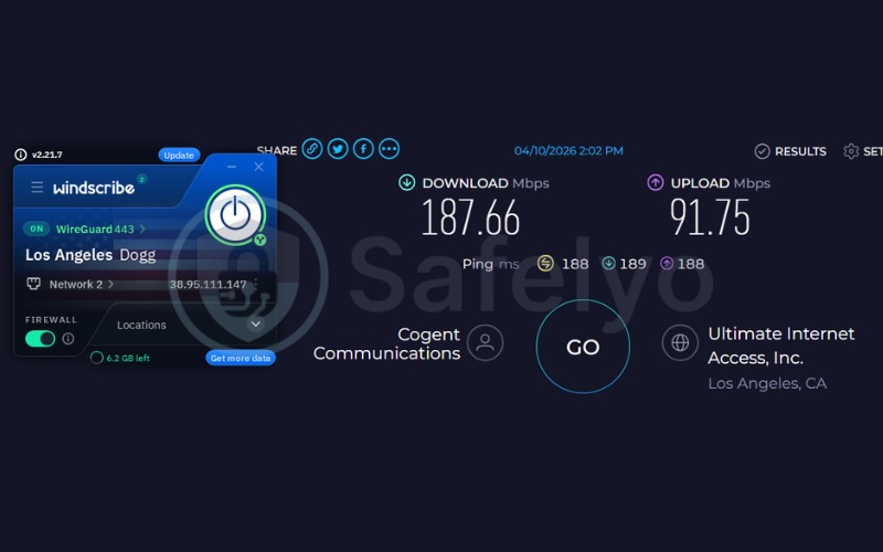 Windscribe speed test results on US server