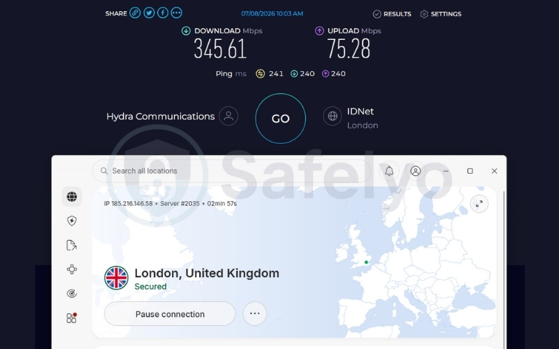 NordVPN speed test results on UK server