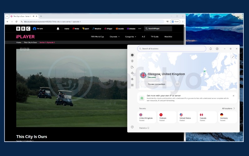 NordVPN successfully streaming content on BBC iPlayer