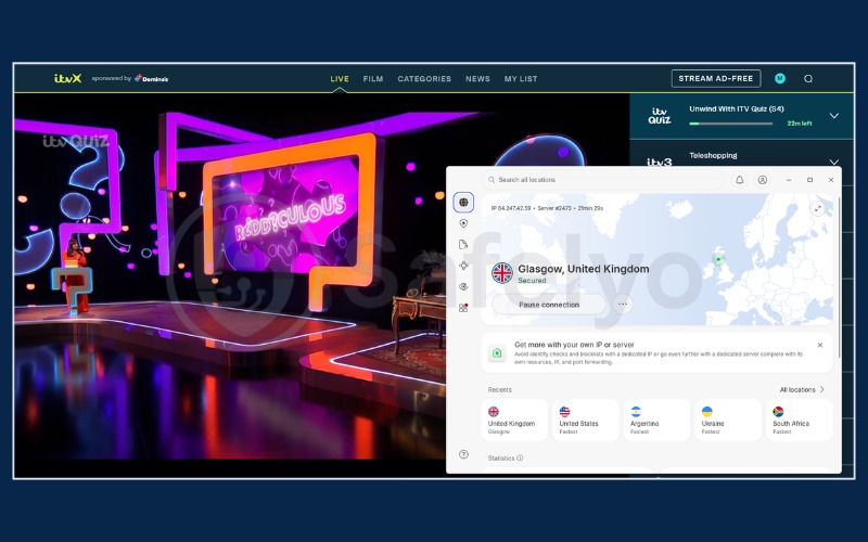 NordVPN successfully streaming content on ITVX