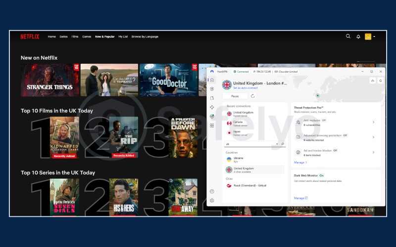 NordVPN successfully streaming content on Netflix UK