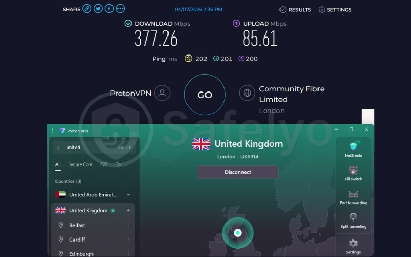Proton VPN speed test results on UK server