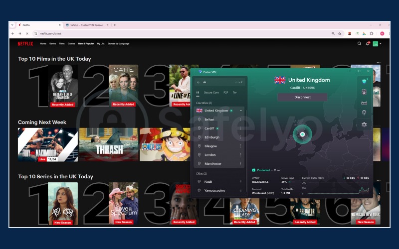 Proton VPN successfully streaming content on Netflix UK