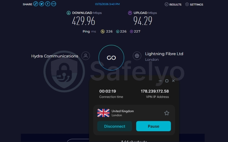 Surfshark speed test results on UK server