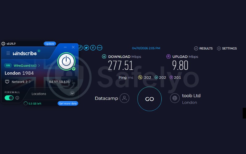 Windscribe speed test results on UK server