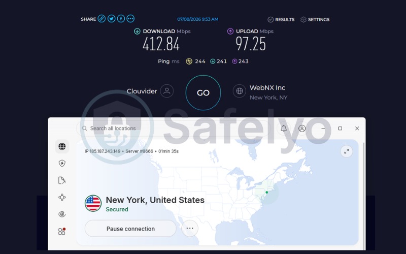 NordVPN speed test results on US server