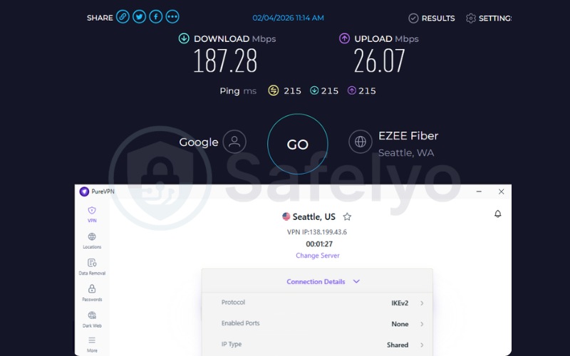 PureVPN speed test results on US server 