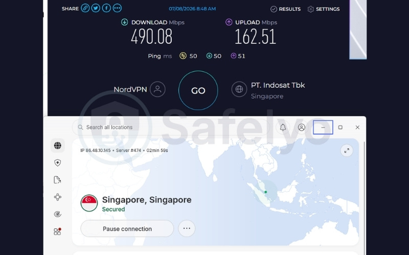 NordVPN speed test results on Singapore server