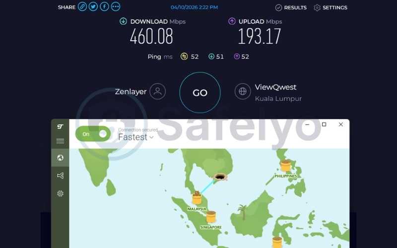 TunnelBear speed test results on Malaysia server