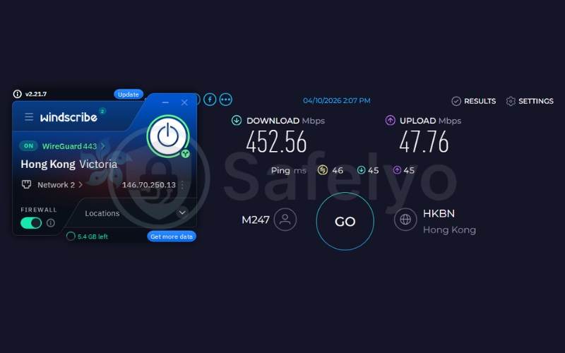 Windscribe speed test results on Hong Kong server