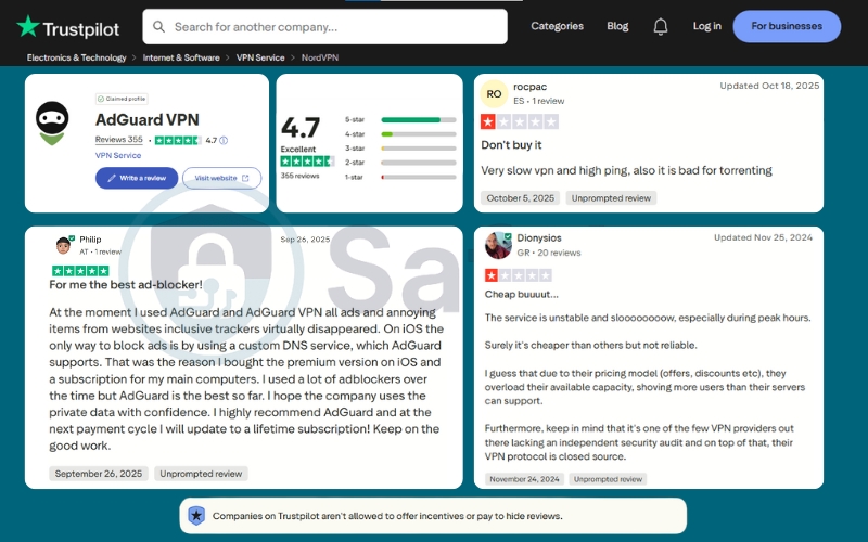 What users say about AdGuard VPN on Trustpilot review