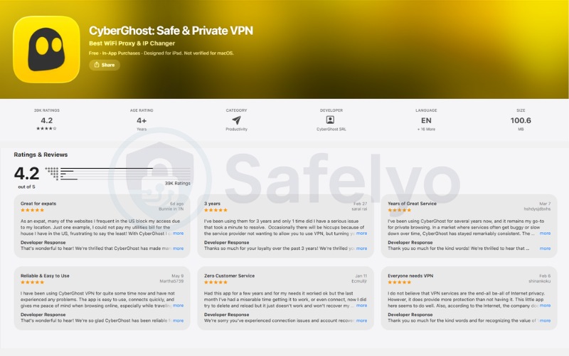 What users say about CyberGhost VPN on Apple Store (updated in June, 2026)
