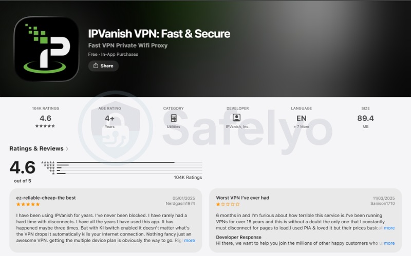 What users say about IPVanish on Apple Store (updated on June, 2026)