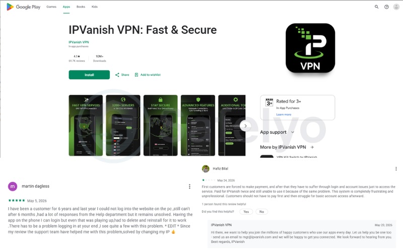 What users say about IPVanish on Google Play (updated in June, 2026)