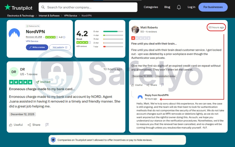 What users say about NordVPN on Trustpilot review