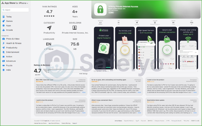 What users say about PIA on the App Store