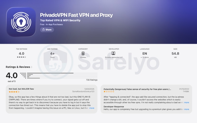What users say about PrivadoVPN on Apple Store (updated in June, 2026)