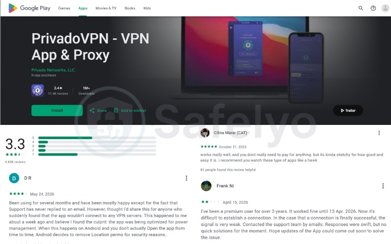 What users say about PrivadoVPN on Google Play (updated in June, 2026)