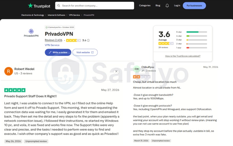 What users say about PrivadoVPN on Trustpilot (updated in June, 2026)