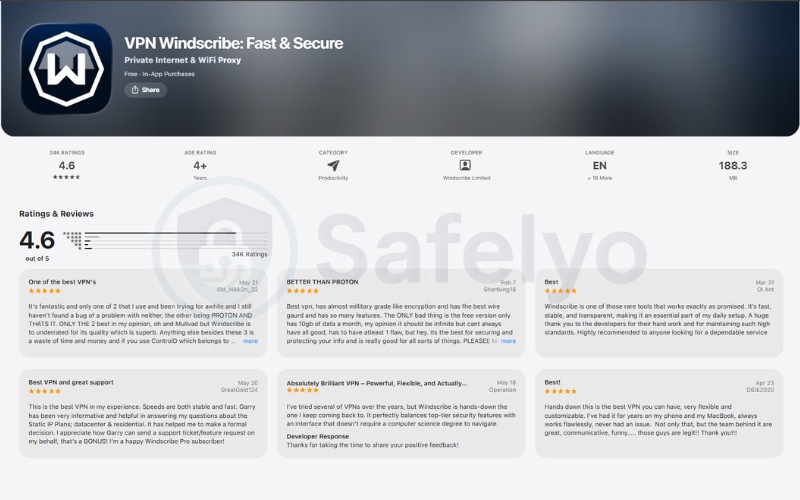 What users say about Windscribe VPN on Apple Store (updated in June, 2026)